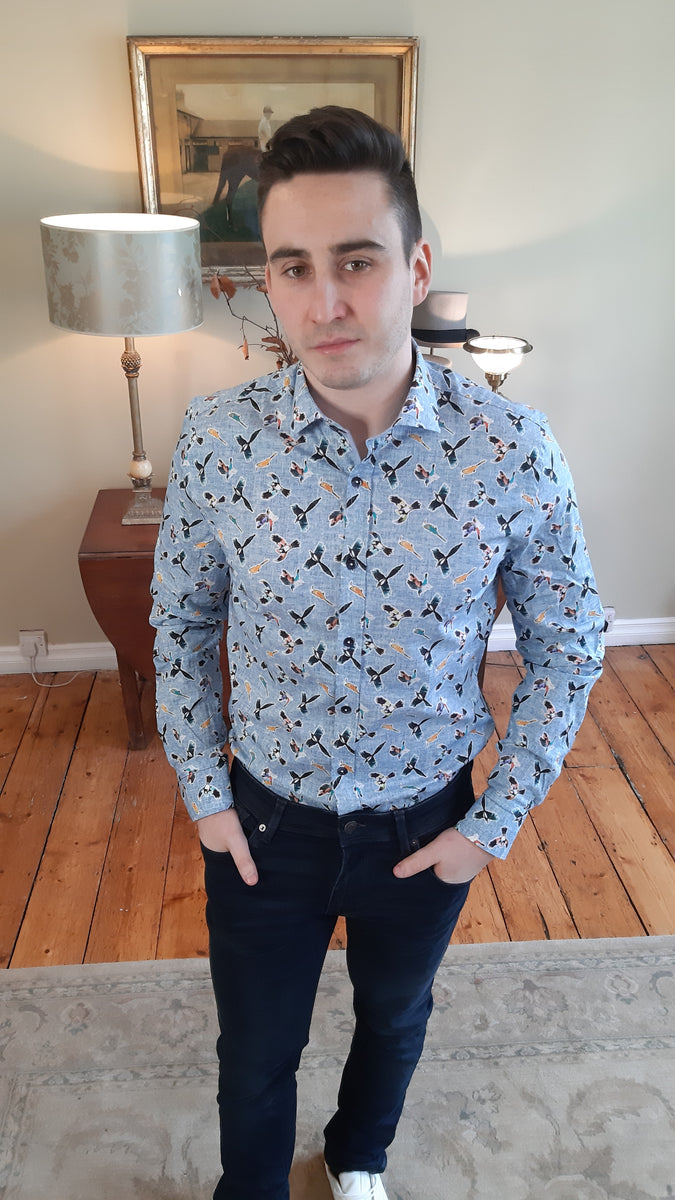 Bird Print Blue Shirt By A Fish Named Fred Manleys Menswear